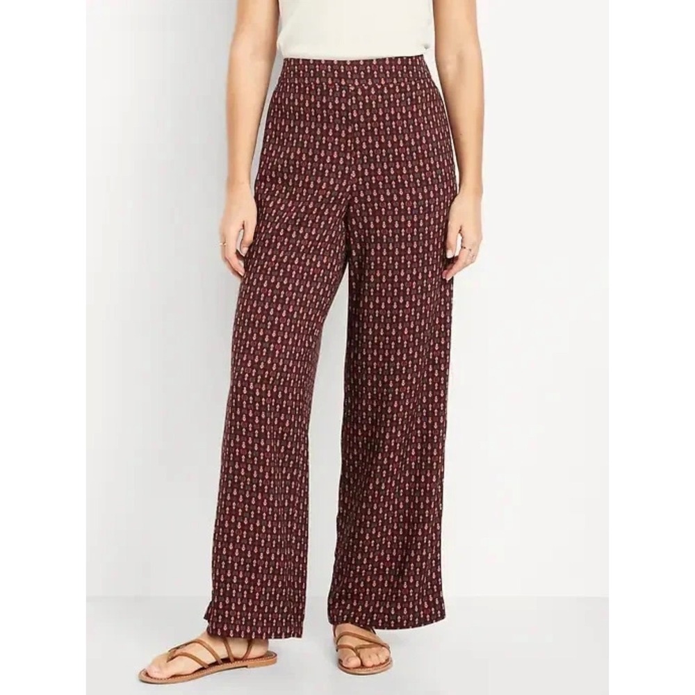 Old Navy Playa Wide Leg Pants L Burgundy Boho High Rise Retro Hippie Fall Flowy